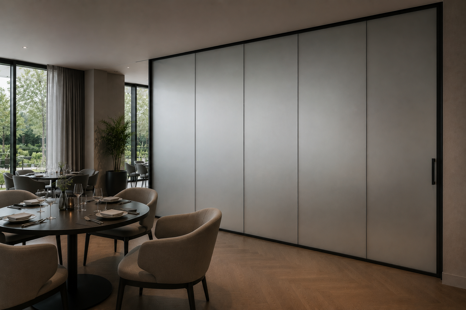 Hotelinterieur met een glazen scheidingswand met smartfolie naast gedekte tafels