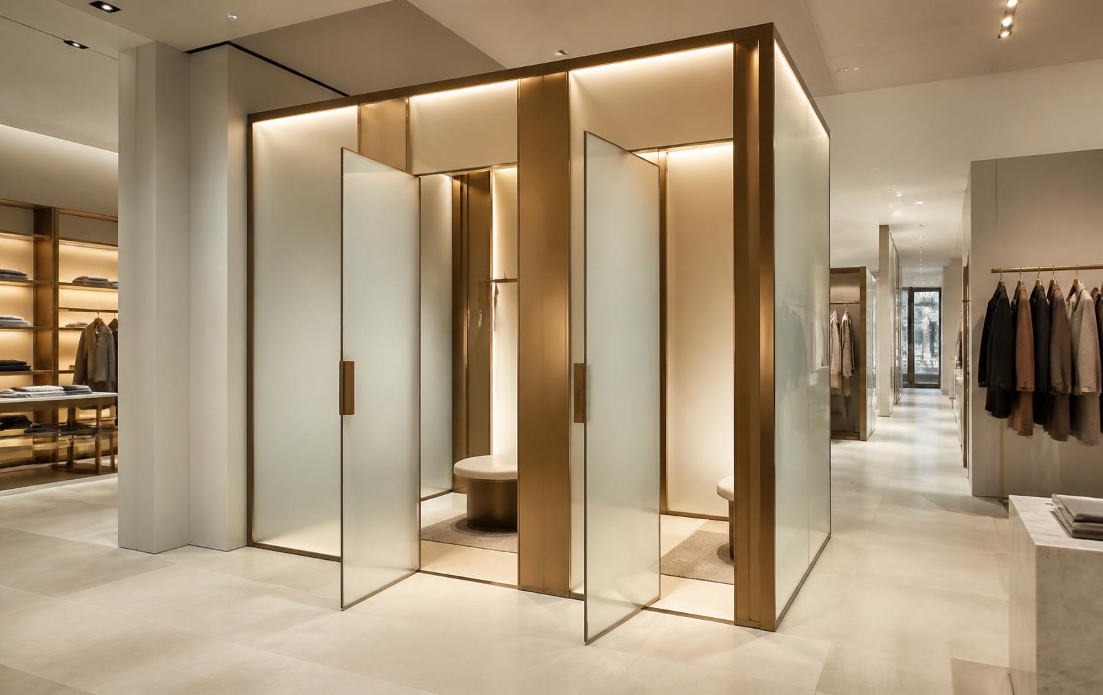 Winkelinterieur met glazen paskamers met smartfolie in matte stand