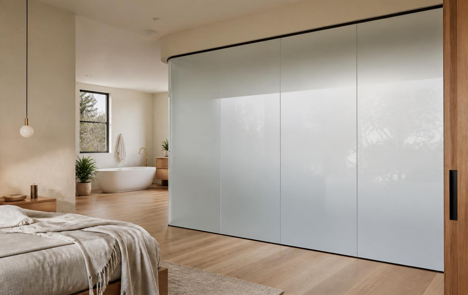 Moderne woonkamer met een glazen scheidingswand met smartfolie in matte stand